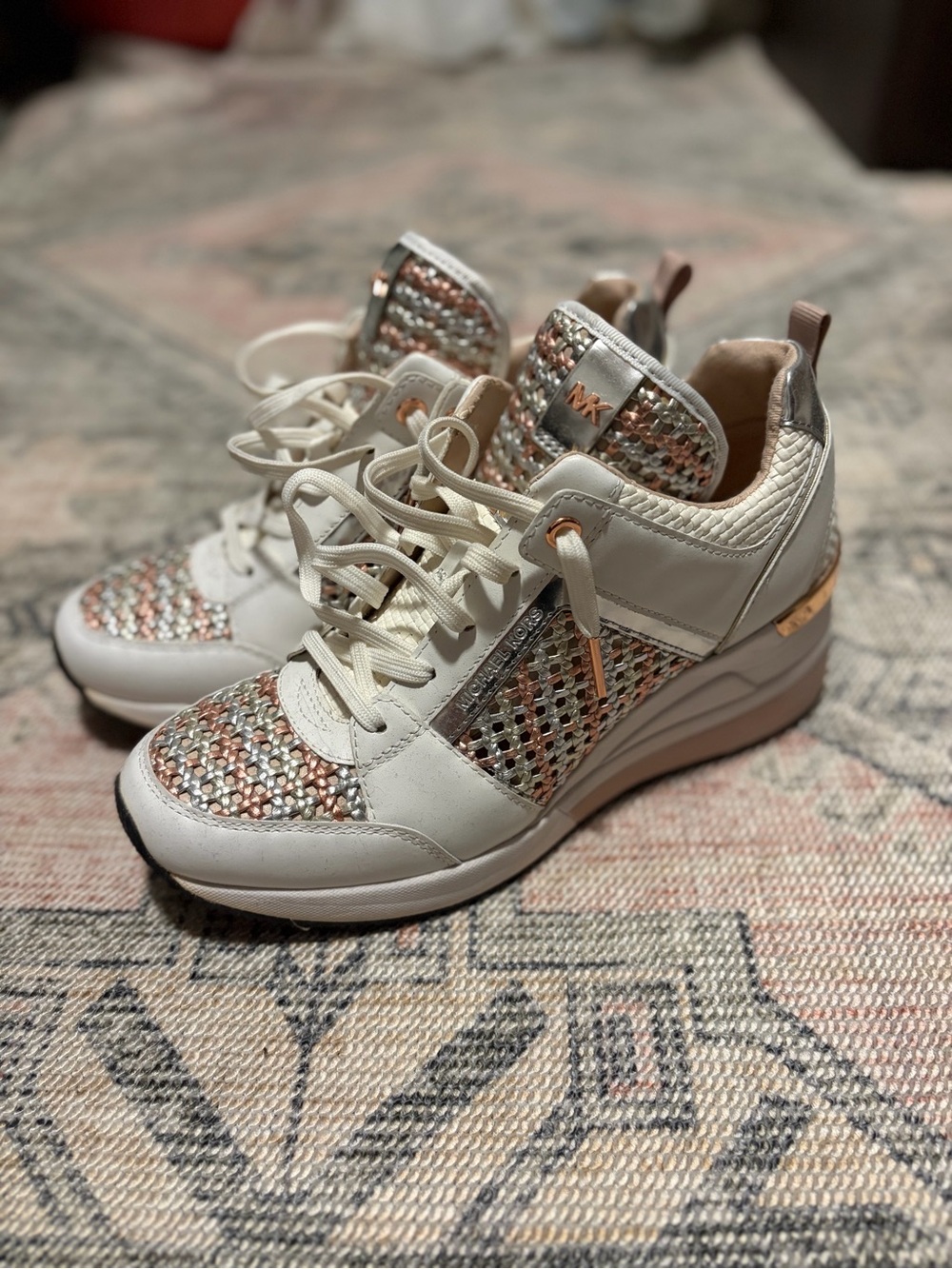 Michael Kors White Sneakers with Rose Gold and Cream Woven Panels